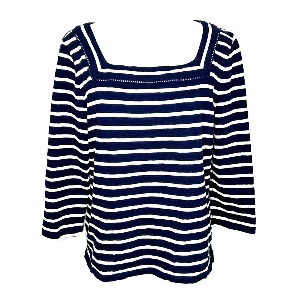 Talbots Blue White Stripe Nautical Preppy Square Neck 3/4 Sleeve Top Large